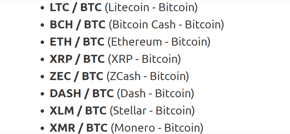 Supported crypto pairs 